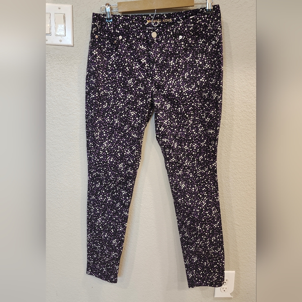 Michael Kors Izzy Skinny Mid Rise Slim Stretch Cotton Pants Iris/Stars Sz 8